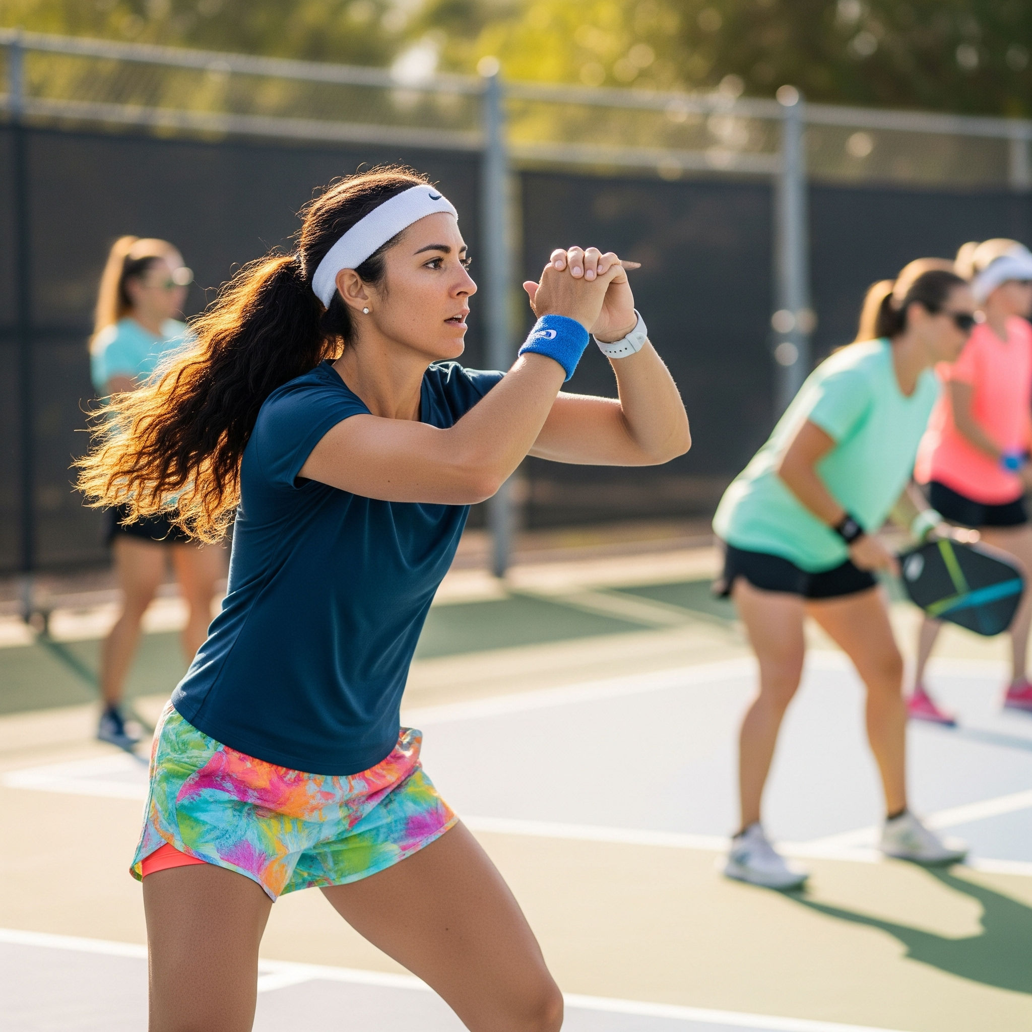 Mujer calentando y haciendo estiramientos antes de jugar a Pickleball