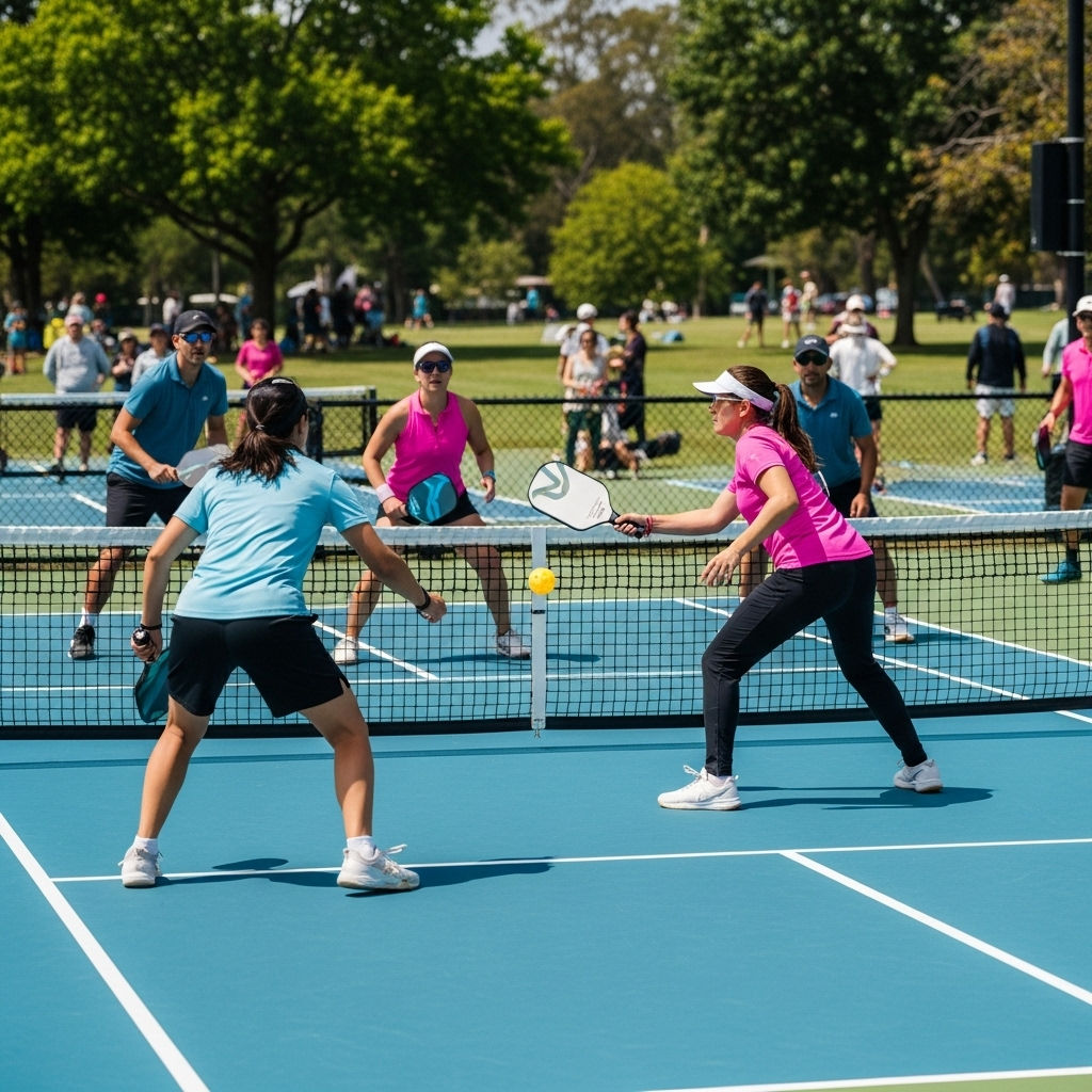 Personas jugando un partido de pickleball en un parque muy grande